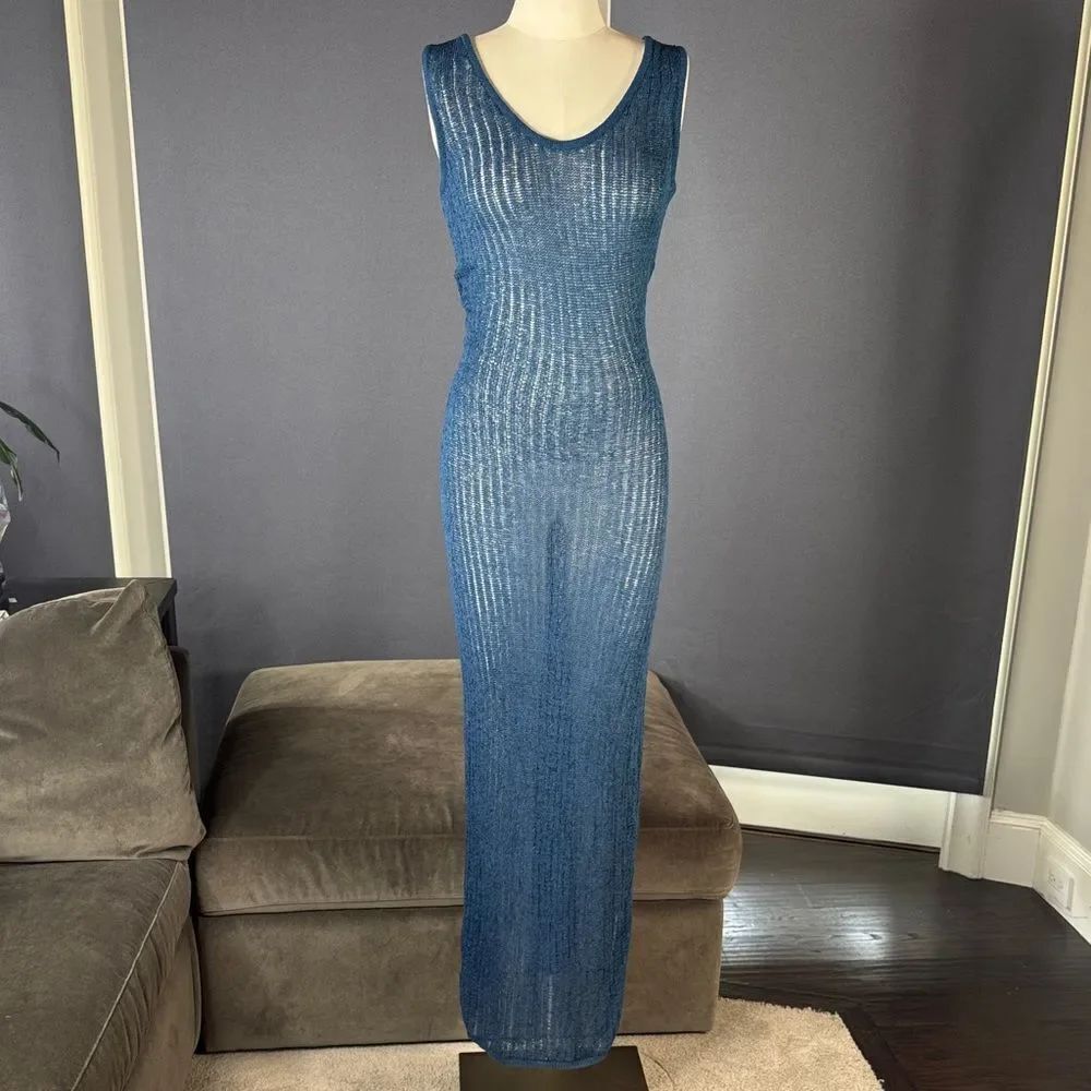 Women’s Shade & Shore Blue Knit Sheer Maxi Tank Cover Up Size M 8/10 NWT